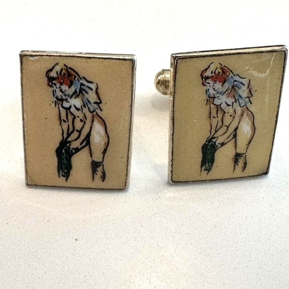 Vintage Risque Enamel Cufflinks Pinup Gold Tone Mens Estate Jewelry - Picture 3 of 5